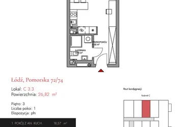 Rzut - Mieszkanie na sprzedaż 1 pokój o powierzchni 27,12 m² - numer C 3.3 w Melody Loft
