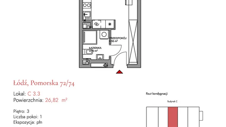 Rzut - Mieszkanie na sprzedaż 1 pokój o powierzchni 27,12 m² - numer C 3.3 w Melody Loft