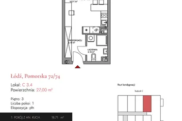 Rzut - Mieszkanie na sprzedaż 1 pokój o powierzchni 27,42 m² - numer C 3.4 w Melody Loft