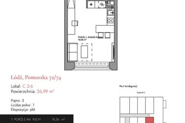 Rzut - Mieszkanie na sprzedaż 1 pokój o powierzchni 26,79 m² - numer C 3.6 w Melody Loft
