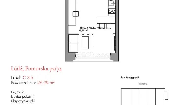 Rzut - Mieszkanie na sprzedaż 1 pokój o powierzchni 26,79 m² - numer C 3.6 w Melody Loft