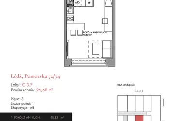 Rzut - Mieszkanie na sprzedaż 1 pokój o powierzchni 26,44 m² - numer C 3.7 w Melody Loft