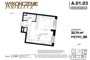Rzut - Mieszkanie na sprzedaż 1 pokój o powierzchni 32,74 m² - numer A.01.03-pod klucz w Perfumiarnia w Parku Wilsona etap II