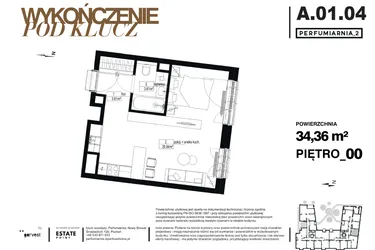 Rzut - Mieszkanie na sprzedaż 1 pokój o powierzchni 34,36 m² - numer A.01.04-pod klucz w Perfumiarnia w Parku Wilsona etap II