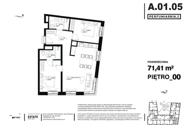 Rzut - Mieszkanie na sprzedaż 3 pokoje o powierzchni 71,41 m² - numer A.01.05 w Perfumiarnia w Parku Wilsona etap II