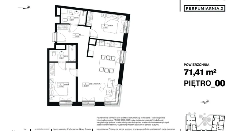 Rzut - Mieszkanie na sprzedaż 3 pokoje o powierzchni 71,41 m² - numer A.01.05 w Perfumiarnia w Parku Wilsona etap II