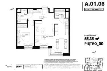 Rzut - Mieszkanie na sprzedaż 2 pokoje o powierzchni 55,35 m² - numer A.01.06 w Perfumiarnia w Parku Wilsona etap II