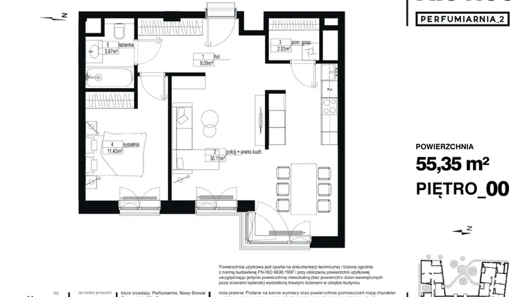 Rzut - Mieszkanie na sprzedaż 2 pokoje o powierzchni 55,35 m² - numer A.01.06 w Perfumiarnia w Parku Wilsona etap II