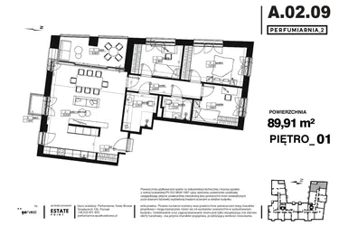 Rzut - Mieszkanie na sprzedaż 4 pokoje o powierzchni 89,91 m² - numer A.02.09 w Perfumiarnia w Parku Wilsona etap II
