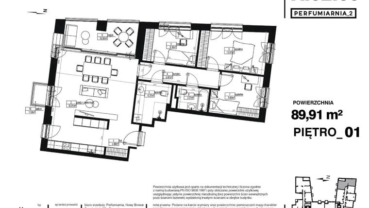 Rzut - Mieszkanie na sprzedaż 4 pokoje o powierzchni 89,91 m² - numer A.02.09 w Perfumiarnia w Parku Wilsona etap II