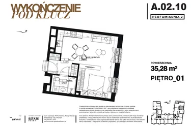 Rzut - Mieszkanie na sprzedaż 1 pokój o powierzchni 35,28 m² - numer A.02.10-pod klucz w Perfumiarnia w Parku Wilsona etap II