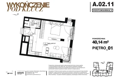 Rzut - Mieszkanie na sprzedaż 1 pokój o powierzchni 40,14 m² - numer A.02.11-pod klucz w Perfumiarnia w Parku Wilsona etap II