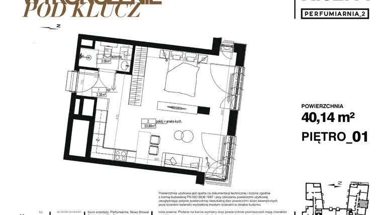Rzut - Mieszkanie na sprzedaż 1 pokój o powierzchni 40,14 m² - numer A.02.11-pod klucz w Perfumiarnia w Parku Wilsona etap II