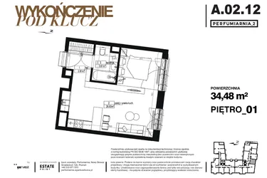 Rzut - Mieszkanie na sprzedaż 1 pokój o powierzchni 34,48 m² - numer A.02.12-pod klucz w Perfumiarnia w Parku Wilsona etap II