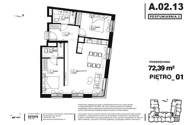 Rzut - Mieszkanie na sprzedaż 3 pokoje o powierzchni 72,39 m² - numer A.02.13 w Perfumiarnia w Parku Wilsona etap II