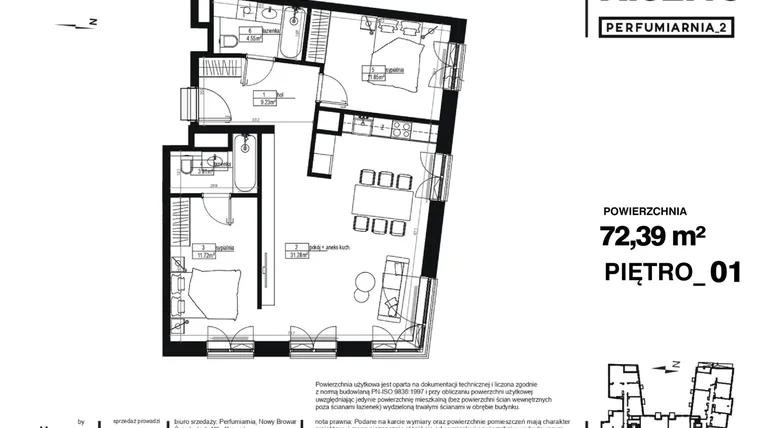 Rzut - Mieszkanie na sprzedaż 3 pokoje o powierzchni 72,39 m² - numer A.02.13 w Perfumiarnia w Parku Wilsona etap II
