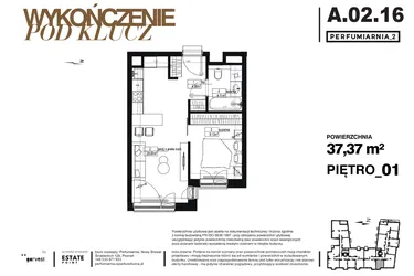 Rzut - Mieszkanie na sprzedaż 2 pokoje o powierzchni 37,37 m² - numer A.02.16-pod klucz w Perfumiarnia w Parku Wilsona etap II
