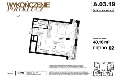 Rzut - Mieszkanie na sprzedaż 1 pokój o powierzchni 40,16 m² - numer A.03.19-pod klucz w Perfumiarnia w Parku Wilsona etap II