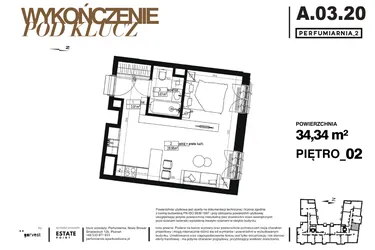 Rzut - Mieszkanie na sprzedaż 1 pokój o powierzchni 34,34 m² - numer A.03.20-pod klucz w Perfumiarnia w Parku Wilsona etap II