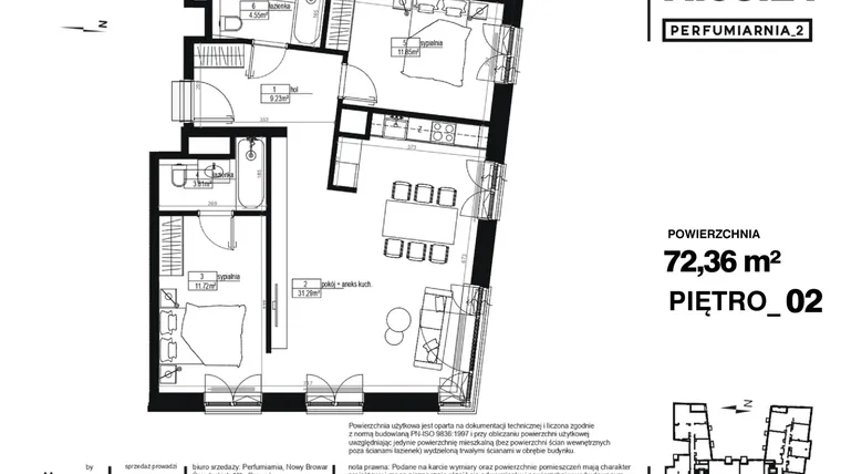 Rzut - Mieszkanie na sprzedaż 3 pokoje o powierzchni 72,36 m² - numer A.03.21 w Perfumiarnia w Parku Wilsona etap II