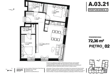 Rzut - Mieszkanie na sprzedaż 3 pokoje o powierzchni 72,36 m² - numer A.03.21 w Perfumiarnia w Parku Wilsona etap II