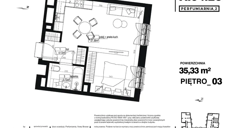 Rzut - Mieszkanie na sprzedaż 1 pokój o powierzchni 35,33 m² - numer A.04.26 w Perfumiarnia w Parku Wilsona etap II