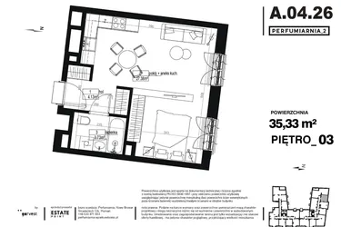 Rzut - Mieszkanie na sprzedaż 1 pokój o powierzchni 35,33 m² - numer A.04.26 w Perfumiarnia w Parku Wilsona etap II
