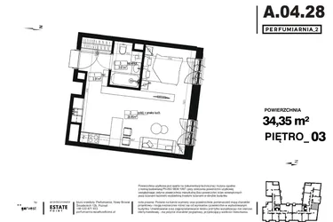 Rzut - Mieszkanie na sprzedaż 1 pokój o powierzchni 34,35 m² - numer A.04.28 w Perfumiarnia w Parku Wilsona etap II