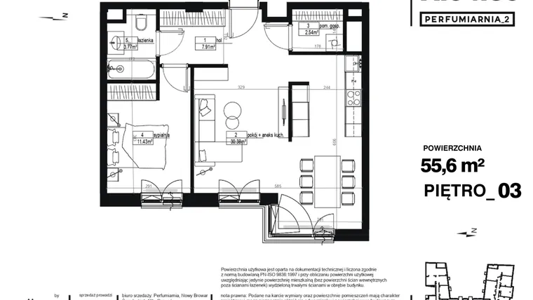 Rzut - Mieszkanie na sprzedaż 2 pokoje o powierzchni 55,6 m² - numer A.04.30 w Perfumiarnia w Parku Wilsona etap II