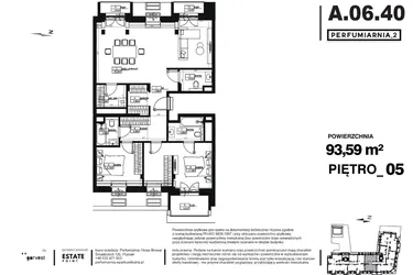 Rzut - Mieszkanie na sprzedaż 3 pokoje o powierzchni 93,59 m² - numer A.06.40 w Perfumiarnia w Parku Wilsona etap II