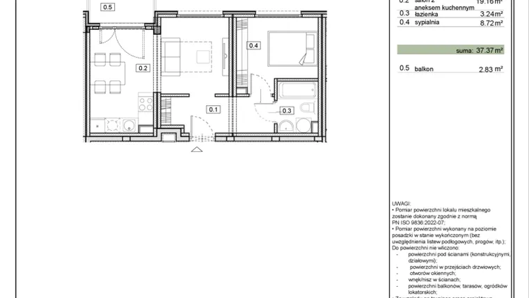 Rzut - Mieszkanie na sprzedaż 2 pokoje o powierzchni 37,37 m² - numer ZL-1.4 w Zielony Lewandów
