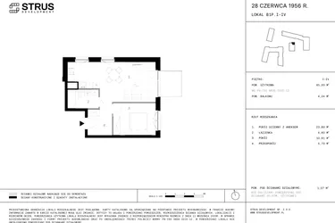 Rzut - Mieszkanie na sprzedaż 2 pokoje o powierzchni 44,81 m² - numer 80 w 28 czerwca 1956 r.