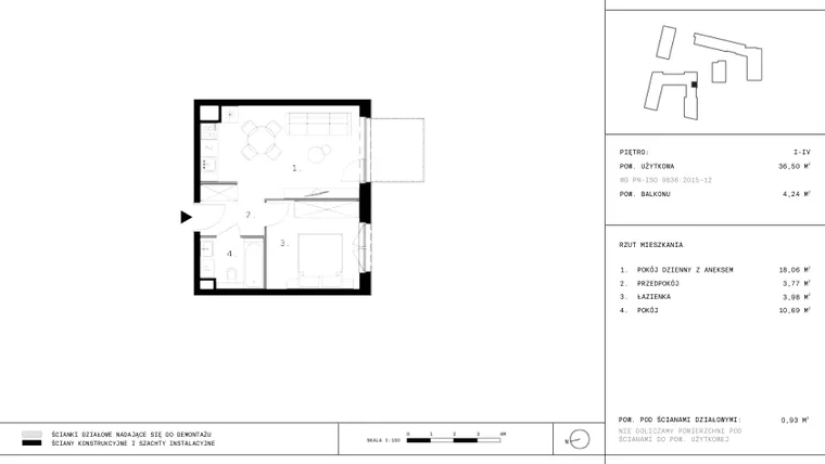 Rzut - Mieszkanie na sprzedaż 2 pokoje o powierzchni 36,36 m² - numer 151 w 28 czerwca 1956 r.