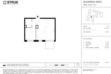 Rzut - Mieszkanie na sprzedaż 2 pokoje o powierzchni 43,61 m² - numer 147 w 28 czerwca 1956 r.