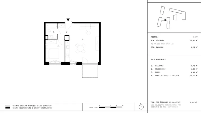 Rzut - Mieszkanie na sprzedaż 2 pokoje o powierzchni 43,61 m² - numer 147 w 28 czerwca 1956 r.