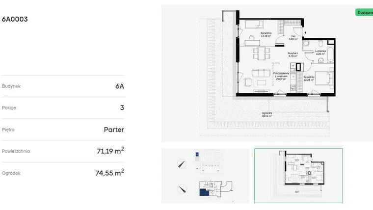 Rzut - Mieszkanie na sprzedaż 3 pokoje o powierzchni 71,04 m² - numer 6A0003 w Jaśminowy Mokotów etap VI
