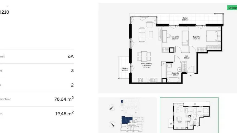 Rzut - Mieszkanie na sprzedaż 3 pokoje o powierzchni 78,64 m² - numer 6A0210 w Jaśminowy Mokotów etap VI