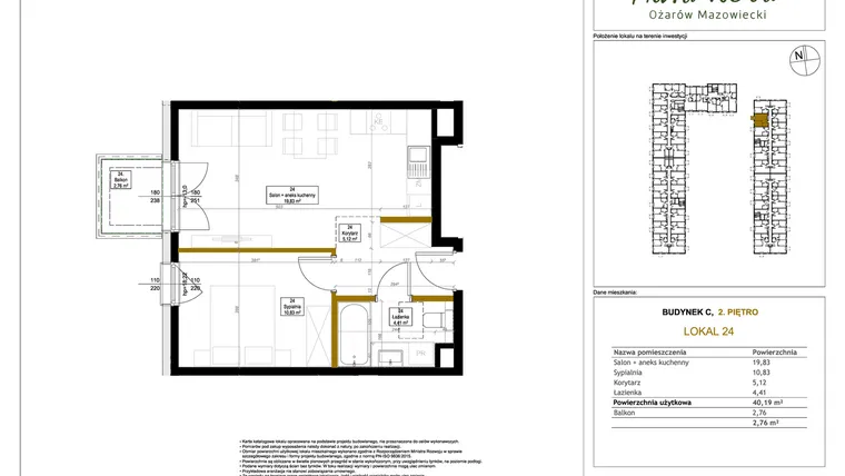 Rzut - Mieszkanie na sprzedaż 2 pokoje o powierzchni 40,76 m² - numer 24 w Aura Nova etap II
