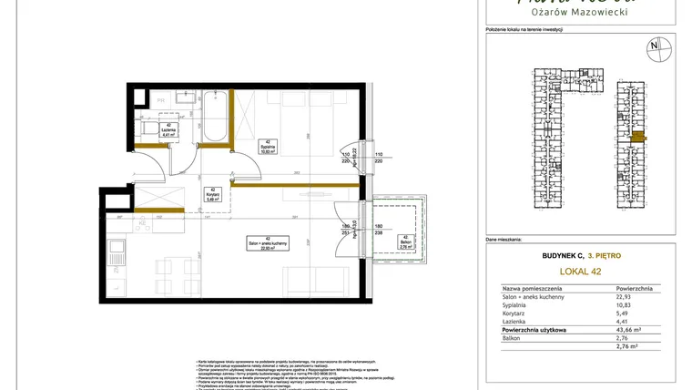 Rzut - Mieszkanie na sprzedaż 2 pokoje o powierzchni 44,2 m² - numer 42 w Aura Nova etap II