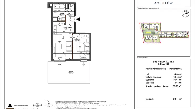 Rzut - Mieszkanie na sprzedaż 2 pokoje o powierzchni 38,33 m² - numer 106 w Aura Nova etap II