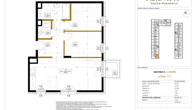Rzut - Mieszkanie na sprzedaż 3 pokoje o powierzchni 63,9 m² - numer 117 w Aura Nova etap II