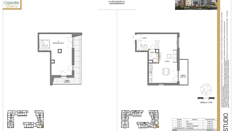 Rzut - Mieszkanie na sprzedaż 2 pokoje o powierzchni 84,58 m² - numer 42 w Osiedle Sfera etap II