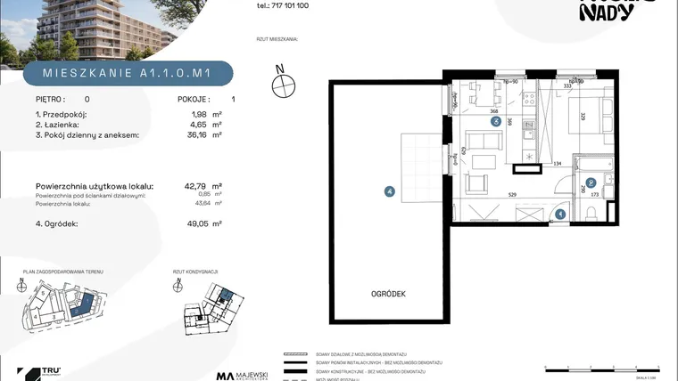 Rzut - Mieszkanie na sprzedaż 1 pokój o powierzchni 42,79 m² - numer A1.1.0.M1 w Nowe Promenady