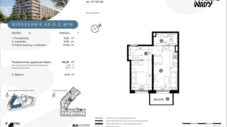 Rzut - Mieszkanie na sprzedaż 1 pokój o powierzchni 39,34 m² - numer A2.4.2.M18 w Nowe Promenady