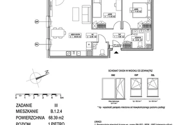 Rzut - Mieszkanie na sprzedaż 3 pokoje o powierzchni 68,31 m² - numer B.1.2.4 w Atut III