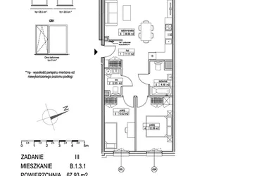 Rzut - Mieszkanie na sprzedaż 3 pokoje o powierzchni 67,84 m² - numer B.1.3.1 w Atut III