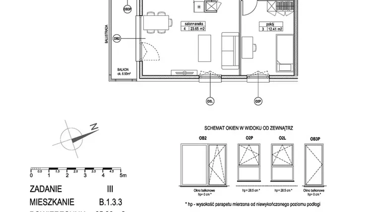 Rzut - Mieszkanie na sprzedaż 3 pokoje o powierzchni 65,72 m² - numer B.1.3.3 w Atut III