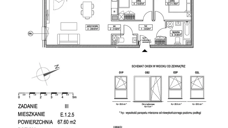 Rzut - Mieszkanie na sprzedaż 3 pokoje o powierzchni 67,5 m² - numer E.1.2.5 w Atut III