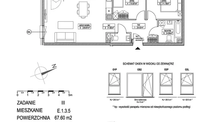 Rzut - Mieszkanie na sprzedaż 3 pokoje o powierzchni 67,63 m² - numer E.1.3.5 w Atut III