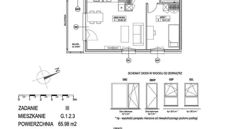 Rzut - Mieszkanie na sprzedaż 3 pokoje o powierzchni 65,88 m² - numer G.1.2.3 w Atut III